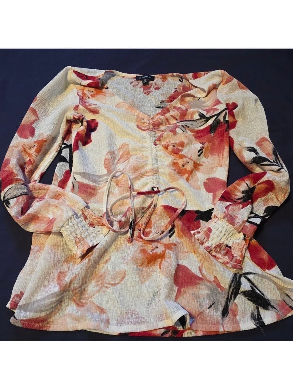 4/$25 Deal! Le Chateau Floral V-Neck Blouse in Soft Cream and Red